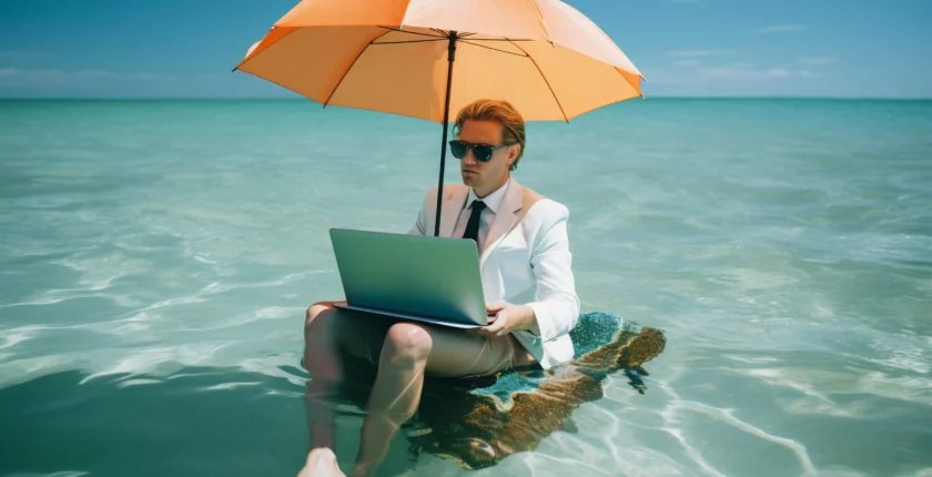 Photographie humoristique d'un homme en costume d'affaires (veste blanche, chemise, cravate, short beige et lunettes de soleil) assis pieds nus dans de l'eau turquoise tropicale sur un petit radeau flottant. Il travaille sur un ordinateur portable argenté sur ses genoux tout en se protégeant du soleil sous un grand parapluie orange vif.
